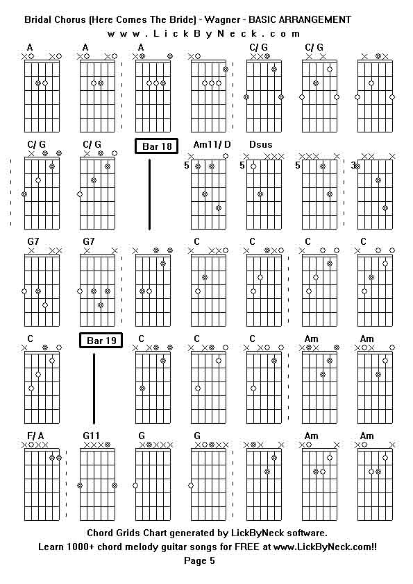 Chord Grids Chart of chord melody fingerstyle guitar song-Bridal Chorus (Here Comes The Bride) - Wagner - BASIC ARRANGEMENT,generated by LickByNeck software.